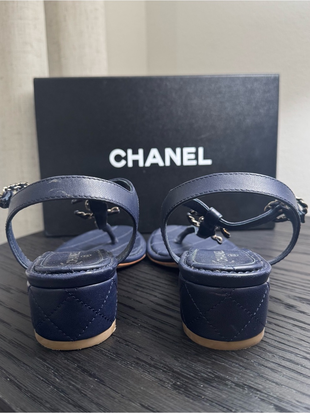 Chanel CC Chain Strap Thong Sandals Leather Navy Blue 37.5 - Picture 6 of 9